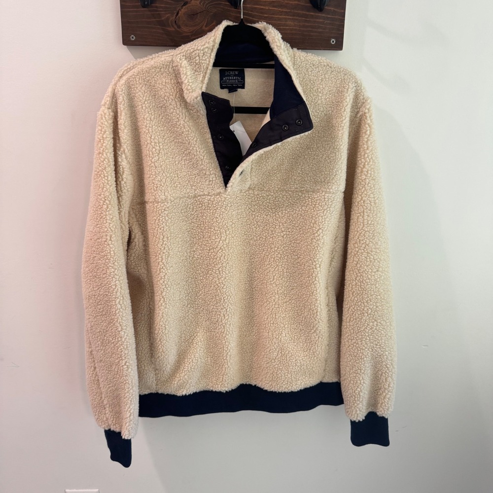 J.Crew Authentic Fleece Sherpa Mock Neck Pullover Cream NWT Large 1/4 Snap